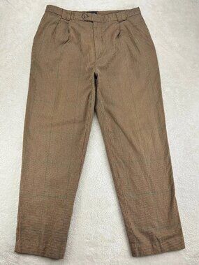Gant Trouser Pants Mens 36x32 Brown Hounstooth Cotton Pleated Straight Leg